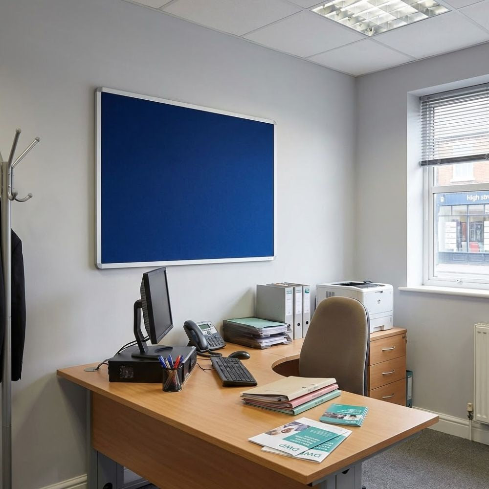 Blue aluminium framed noticeboard mounted on a wall in a private office above a wooden desk with computer, telephone and filing cabinets.