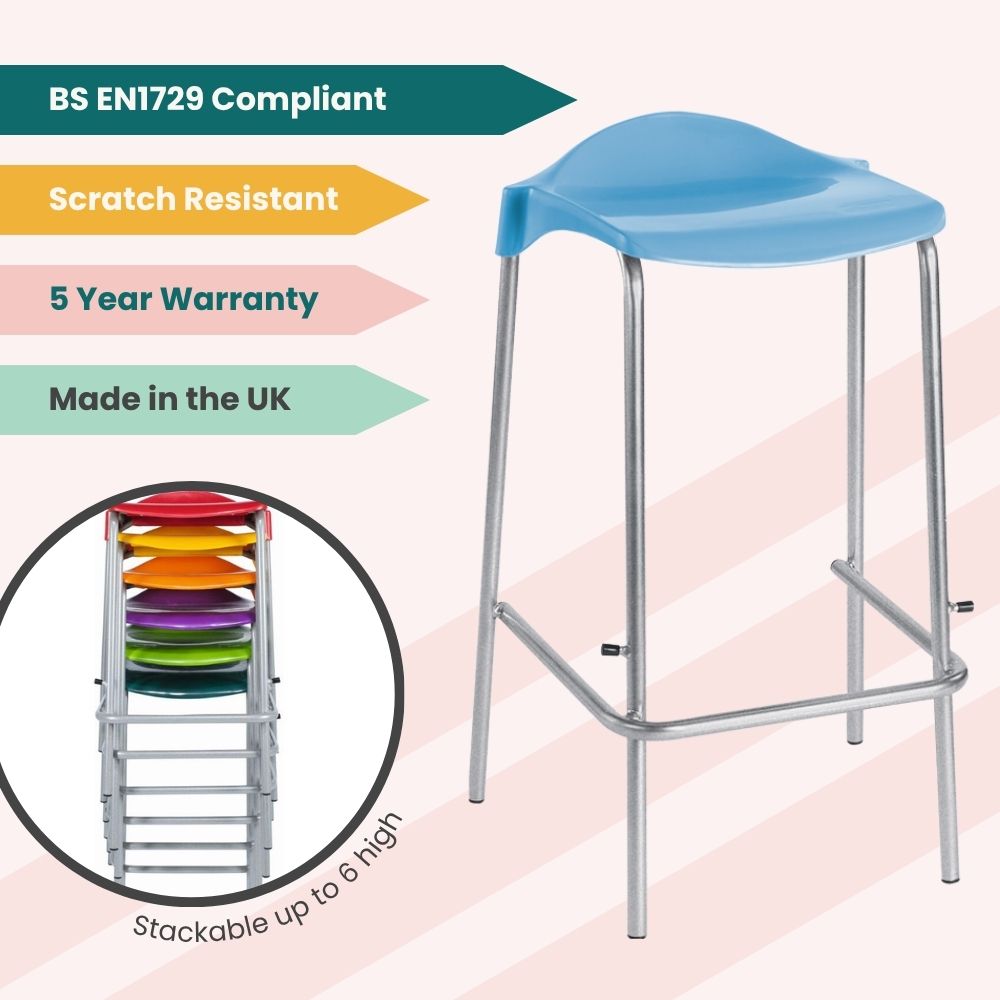 
Promotional graphic of blue bar stool with tags for BS EN1729 compliance, scratch resistance, 5-year warranty, UK manufacture, and stackability up to 6 high.

