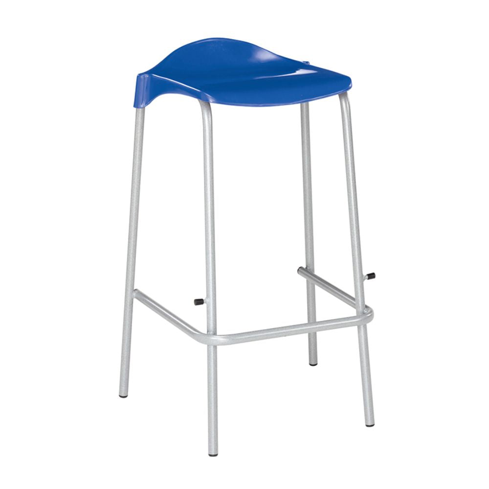 Blue plastic bar stool with silver metal frame, ergonomic backrest, and footrest bar, designed for stacking.
