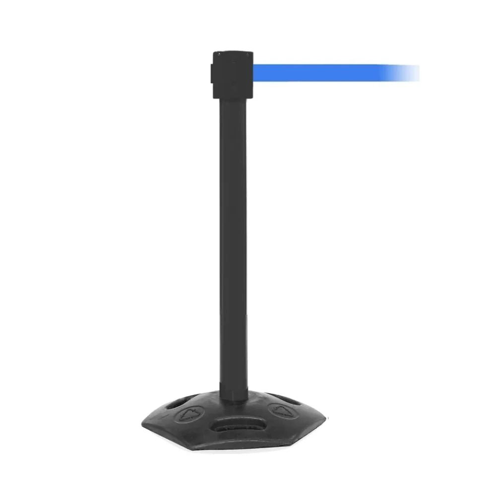 Black stanchion with blue retractable belt and hexagonal base for secure queue management in high-traffic environments.