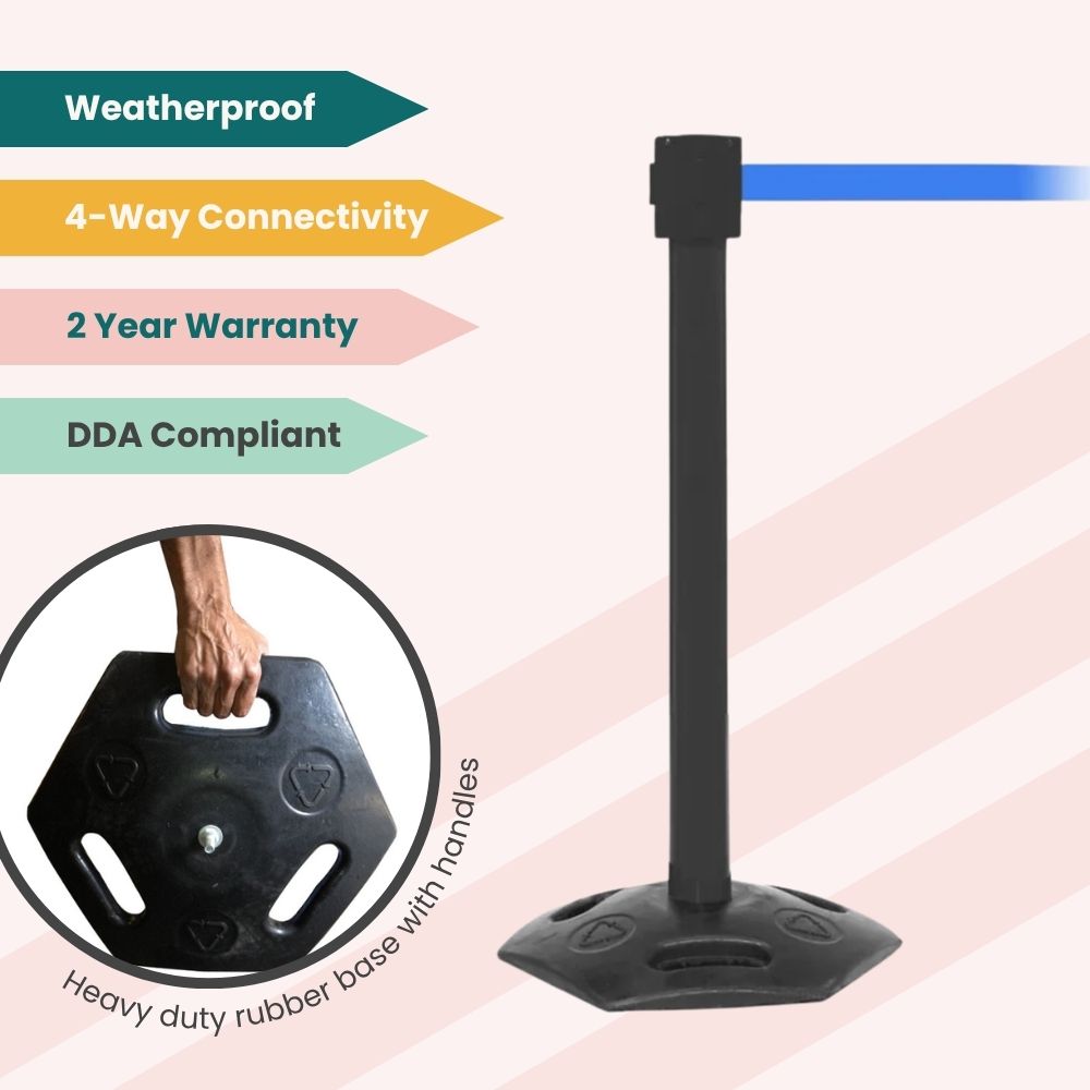 Black stanchion with blue belt and rubber base, featuring 4-way connectivity, weatherproof design, and DDA compliance for public safety.
