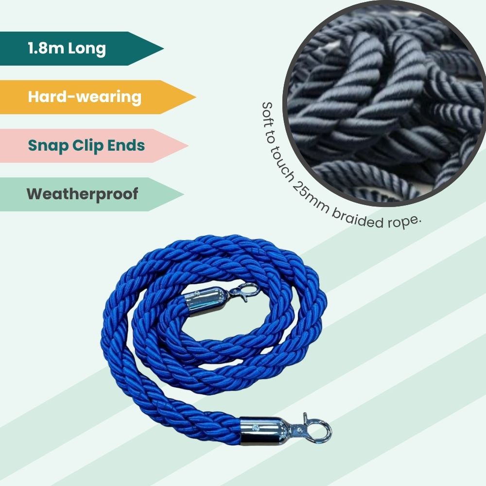 Blue braided rope with metallic clips and soft finish, built for stylish crowd separation.