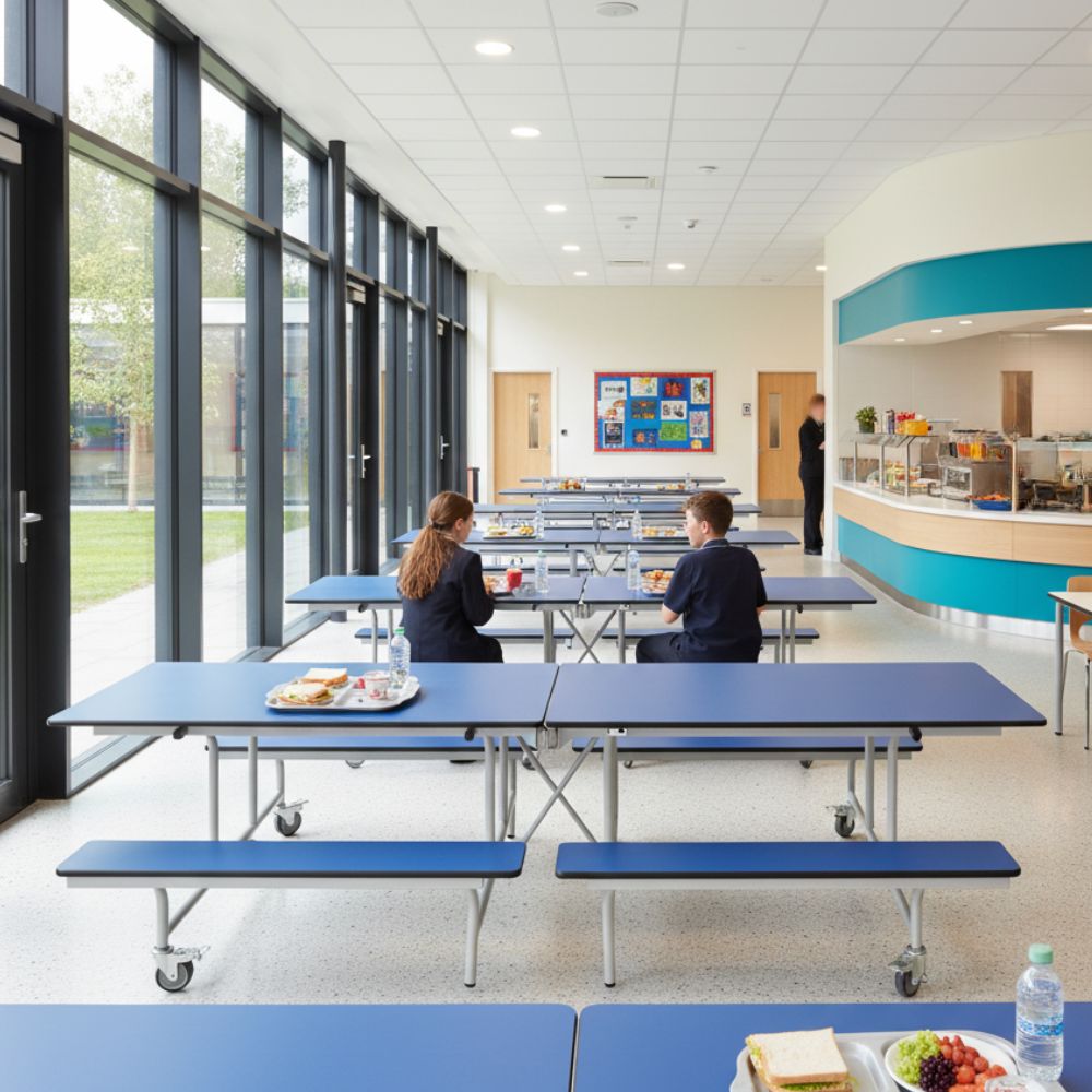 Blue laminate folding tables with attached bench seating in a secondary school dining area, with pupils eating near large windows and a curved servery.