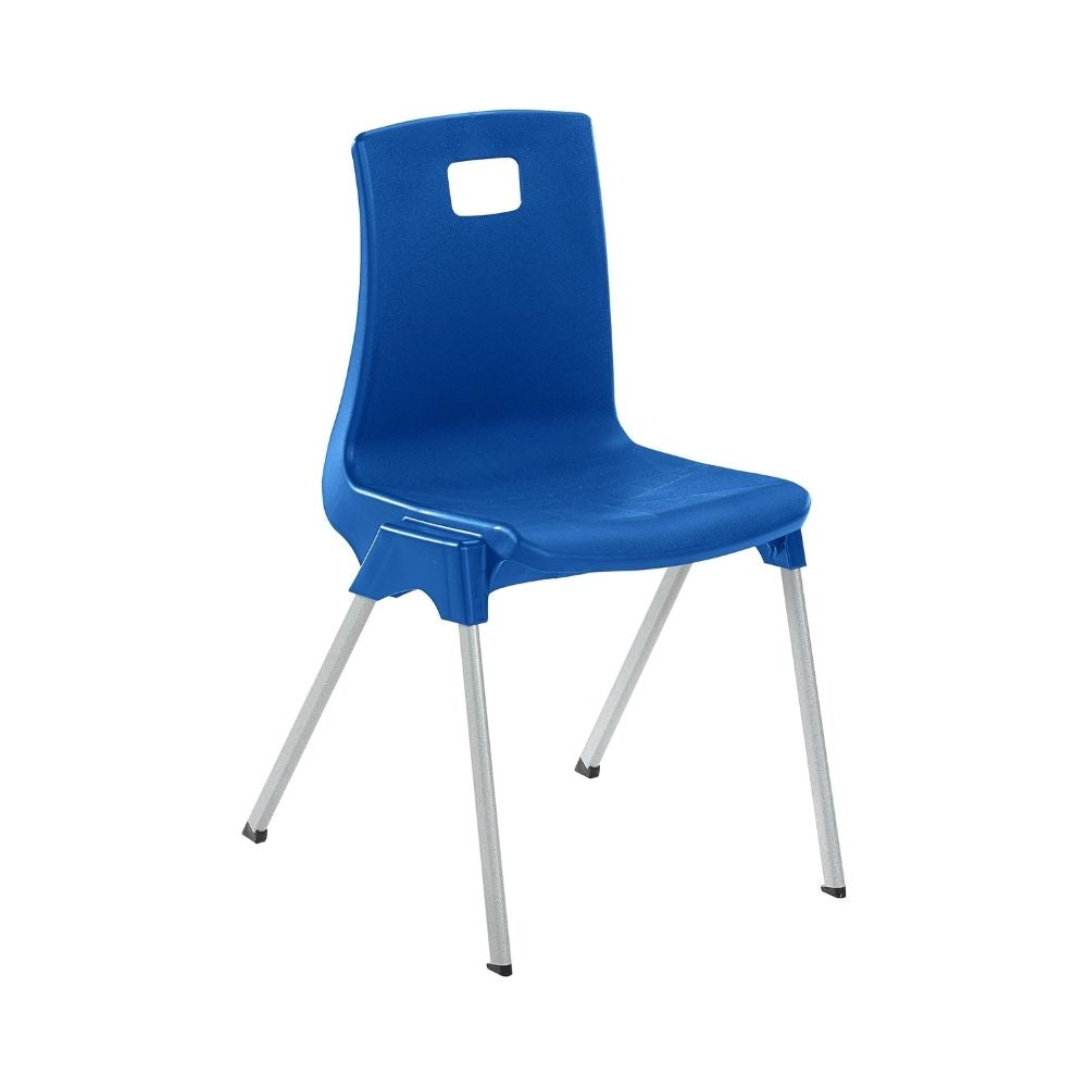 Blue plastic chair with angled metal legs and rectangular backrest cutout, designed for educational use.