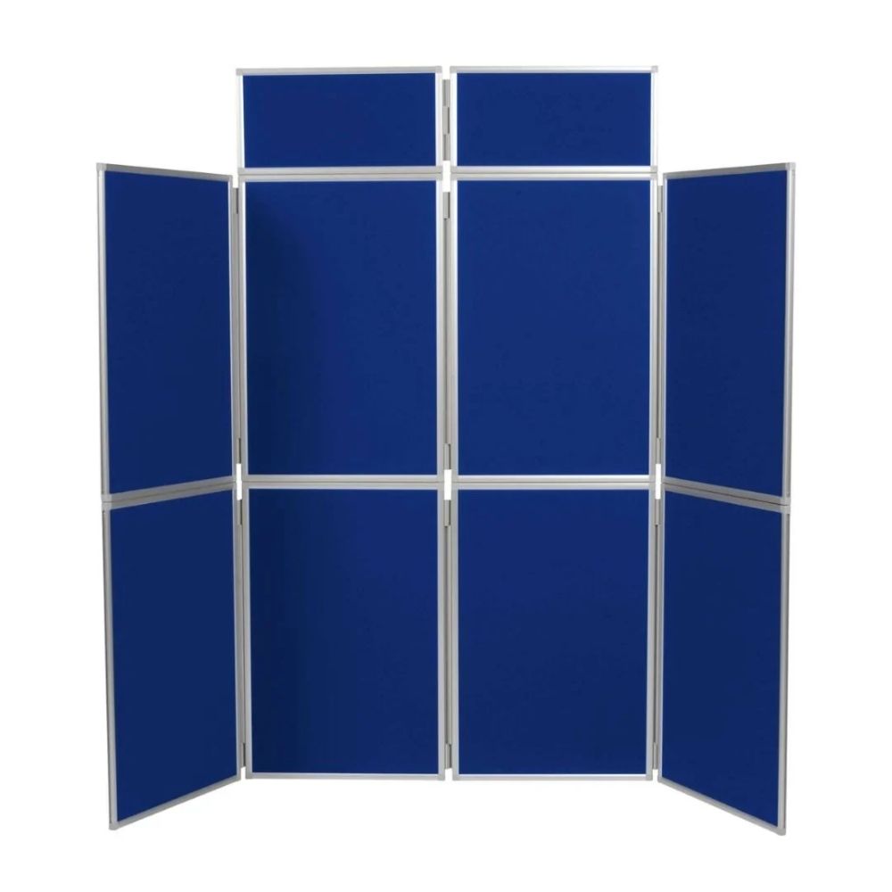 Tiered blue display board with ten panels and silver frame, ideal for foldable presentation setups.