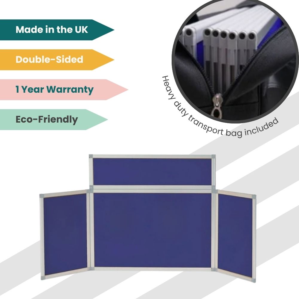 Portable five-panel display board in blue with silver frame, supplied with heavy-duty carry bag.