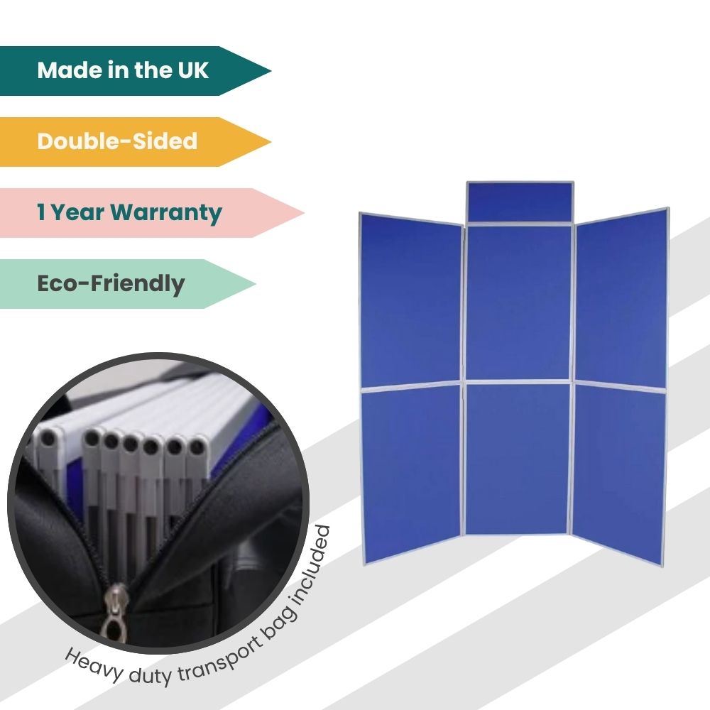 Blue six-panel display board with header and carry bag, designed for eco-conscious UK exhibitions.
