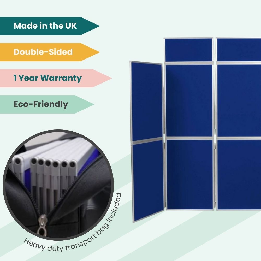 Blue nine-panel display board with angled layout and carry bag, made in the UK for exhibitions.