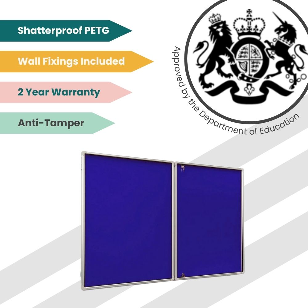 Blue double-panel noticeboard with PETG cover and lock, approved for secure educational environments.