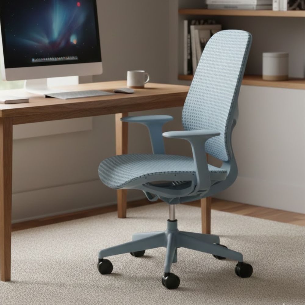 Blue fabric ergonomic office chair with upholstered backrest, padded seat, fixed armrests and five star swivel base with castors, positioned at a wooden desk in a contemporary home office setting.