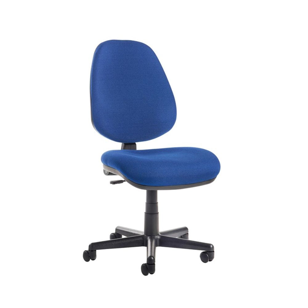 Blue fabric operator office chair with padded backrest and seat, height-adjustable swivel mechanism and black five-star base with castor wheels on a white background.
