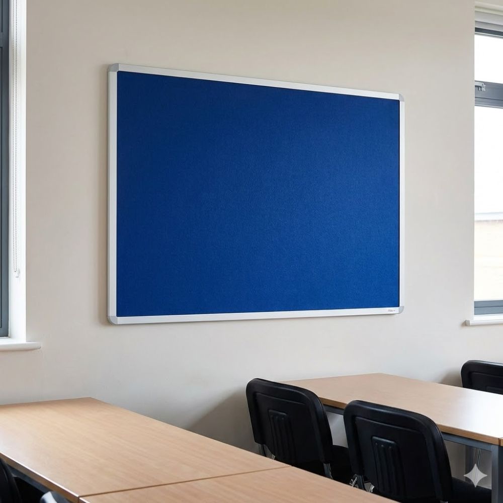 Blue felt noticeboard with aluminium frame, wall mounted in a classroom above tables and chairs.