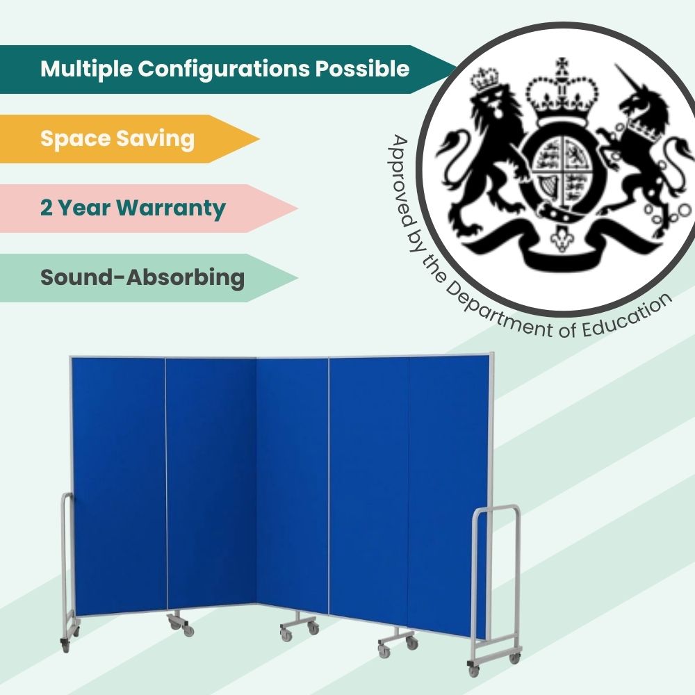 Zigzag blue divider with acoustic panels and modular setup, certified for educational flexibility.