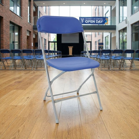 Blue Straight Back Folding School Assembly Chair - Grey Steel Frame