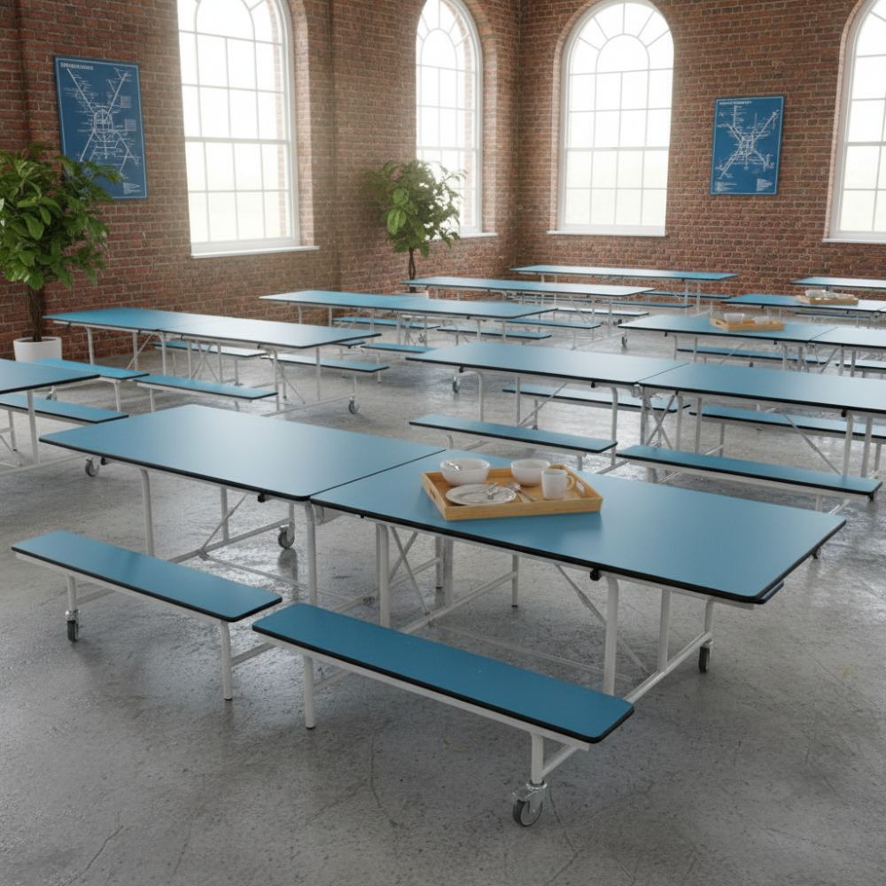 Blue folding canteen table with integrated benches on wheels, placed in a school hall with exposed brick walls, large arched windows, and potted plants, with a tray of crockery set on the tabletop.