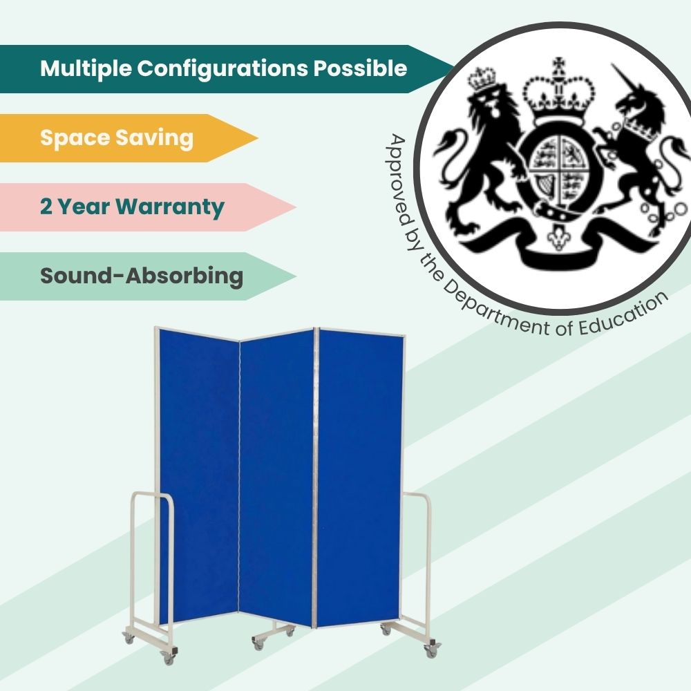 Blue folding screen with acoustic panels and mobility features, approved for flexible classroom use.