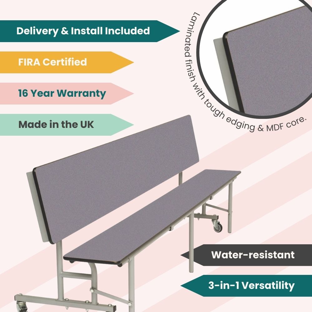 Blue grey folding canteen bench with laminated backrest, water-resistant MDF core, tough edging, fully assembled with delivery, FIRA certified, 16-year warranty and made in the UK