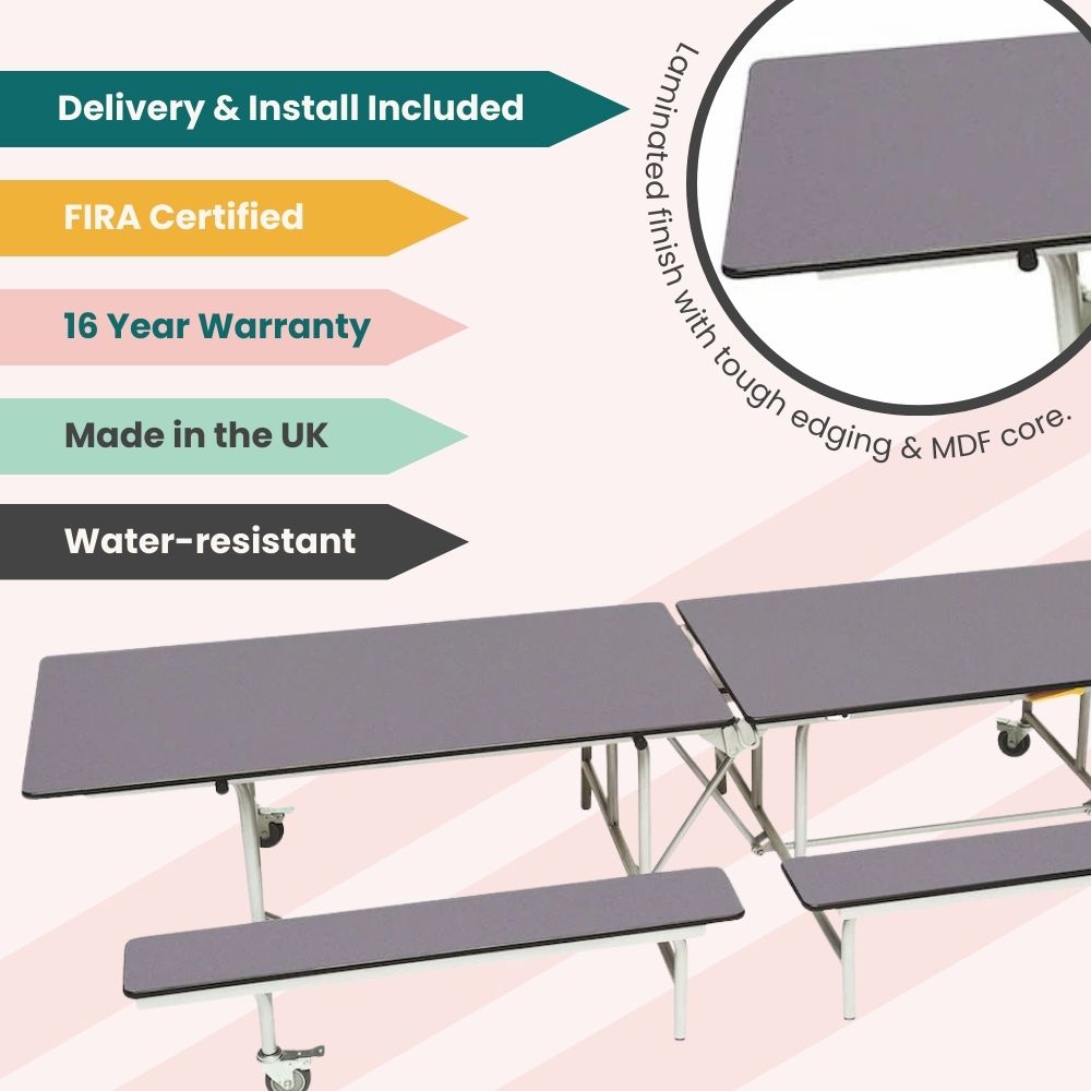 Blue grey rectangular canteen table and benches, UK-made with laminated MDF core and tough edging.