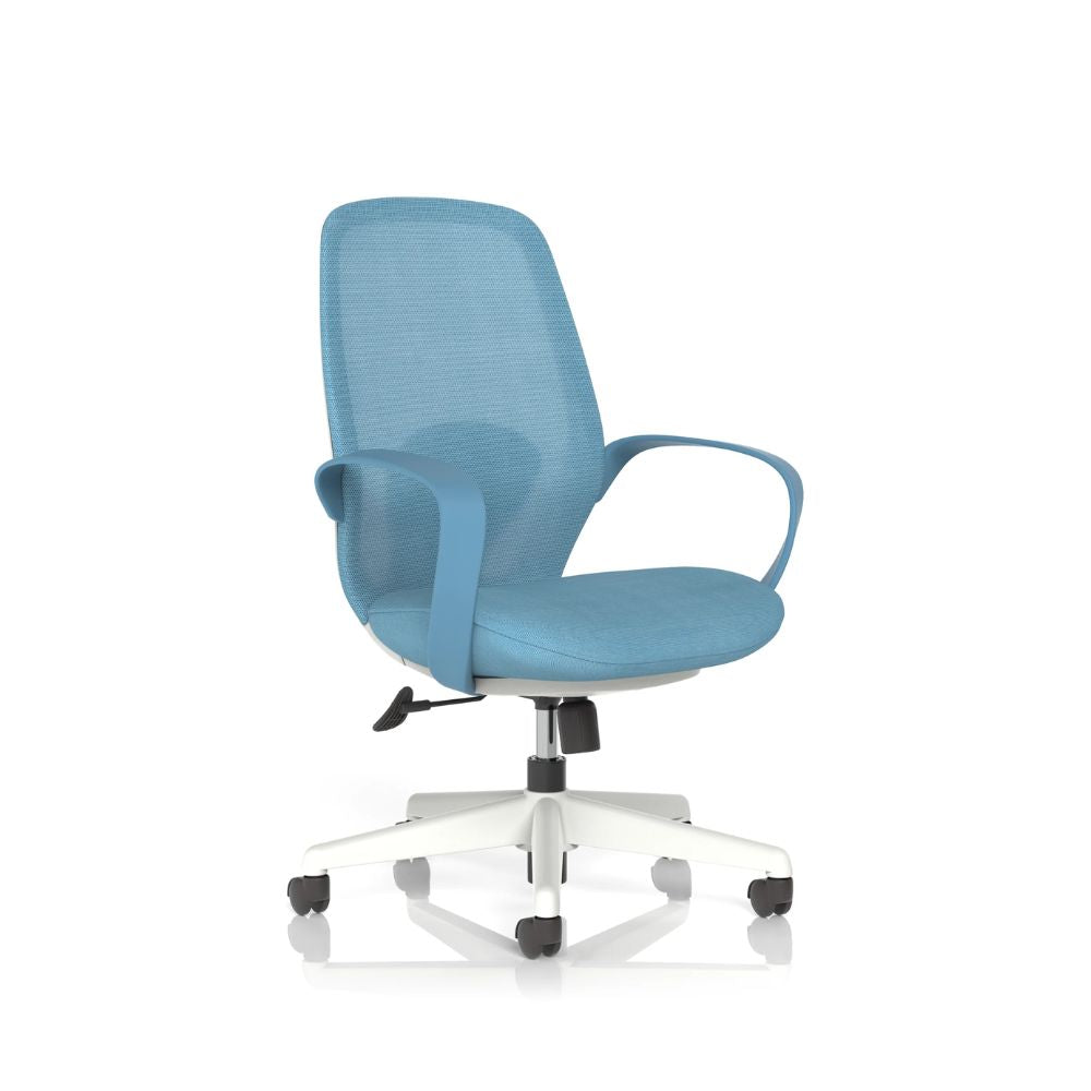 Blue mesh office chair with cushioned seat, curved armrests and white five-star wheeled base isolated on a white background.