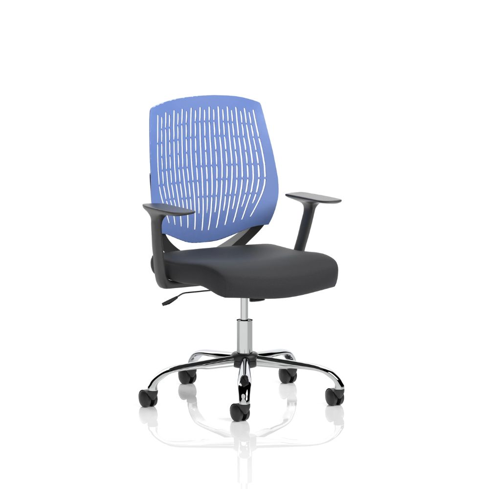 Blue modern office chair with ventilated slatted backrest, padded seat, armrests and chrome five-star wheeled base isolated on a white background.