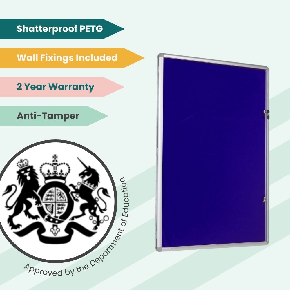 Blue noticeboard with PETG cover and lock, approved for secure use in educational environments.