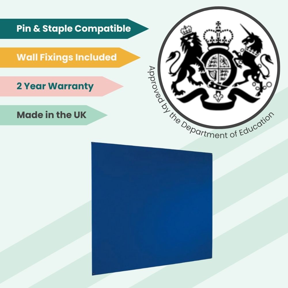 Blue wall-mounted board with pin-and-staple surface, fixings included, certified for UK educational use.