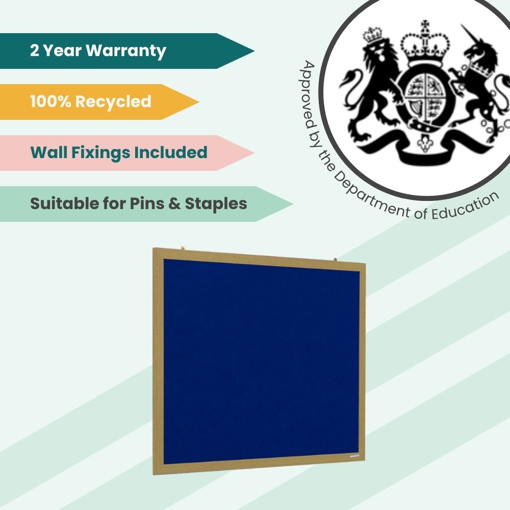 Blue fabric bulletin board with wooden edging, displayed with feature highlights for warranty, recycled build, and educational approval.