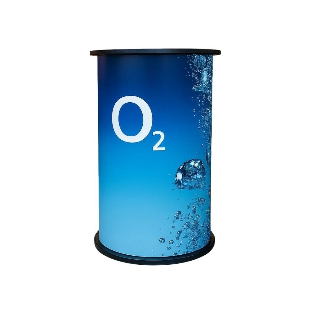 Cylindrical promotional counter with blue O₂ graphic and water bubble design, ideal for freshness-themed marketing or science exhibitions.