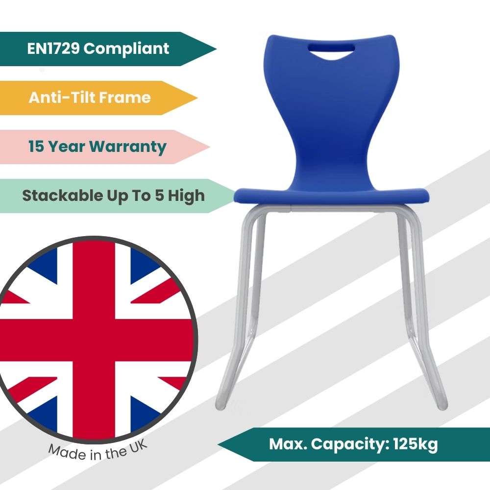 Stability-tested blue classroom seating with a scratch-resistant polypropylene shell and a continuous metal sled base for maximum safety in high-use learning areas.