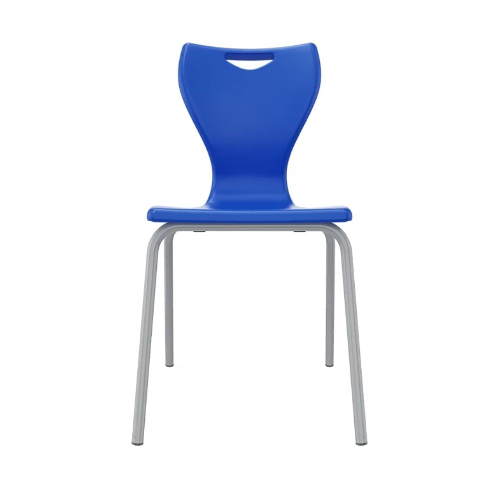 Vibrant blue polypropylene school chair with grey anti-tilt safety legs, designed for heavy-duty use in primary and secondary classrooms.