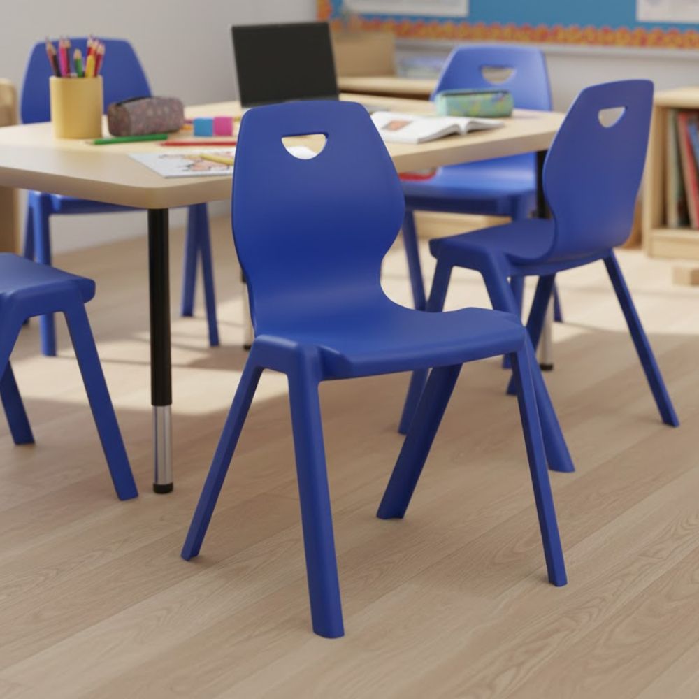 Blue classroom chairs with modern cut-out handles and durable plastic frames for primary school use.