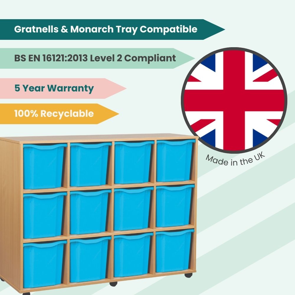 Classroom storage unit with bright blue quad trays in a wooden frame, highlighted with icons for UK manufacture, BS EN 16121 compliance, recyclability, and five-year warranty.