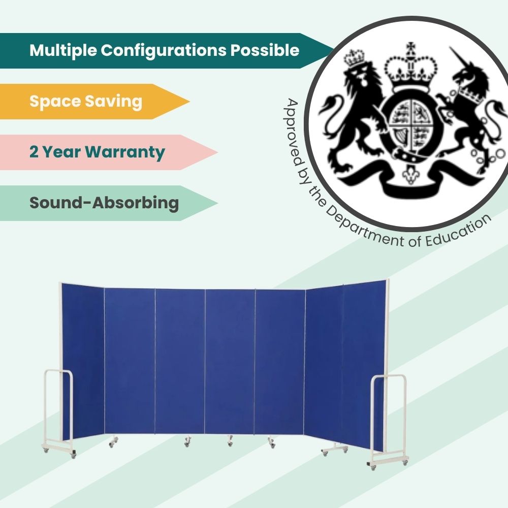 Seven-panel blue screen with acoustic surfaces and modular setup, certified for learning environments.