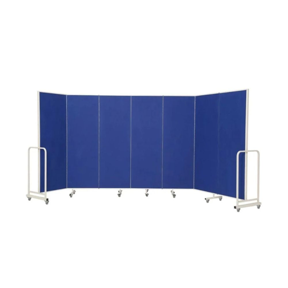 Blue divider with seven connected panels and caster base, suited for temporary space management.