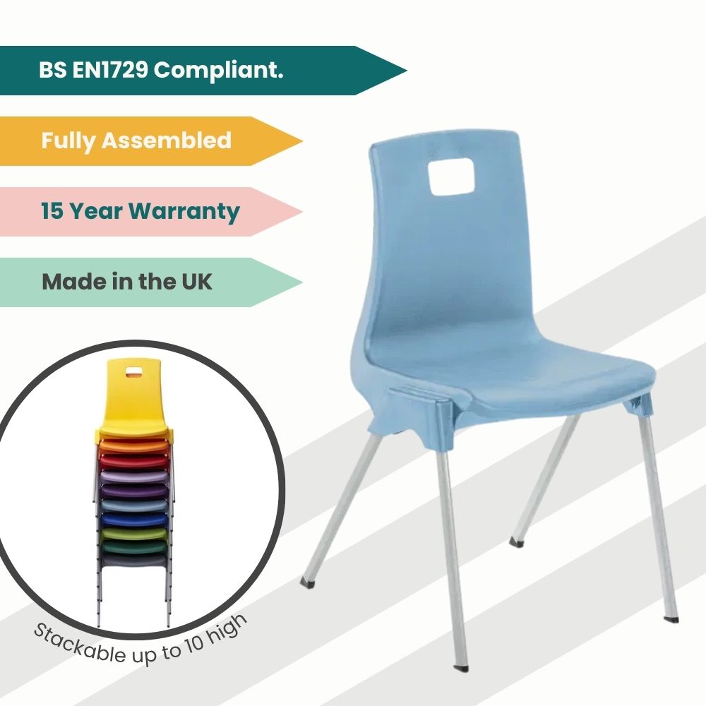 Blue chair promo graphic with feature tags and inset showing stackable multi-colour variants.