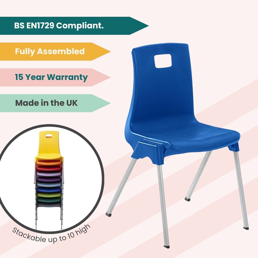 Blue classroom chair with feature tags for UK manufacture, BS EN1729 compliance, and stackability up to 10 high.
