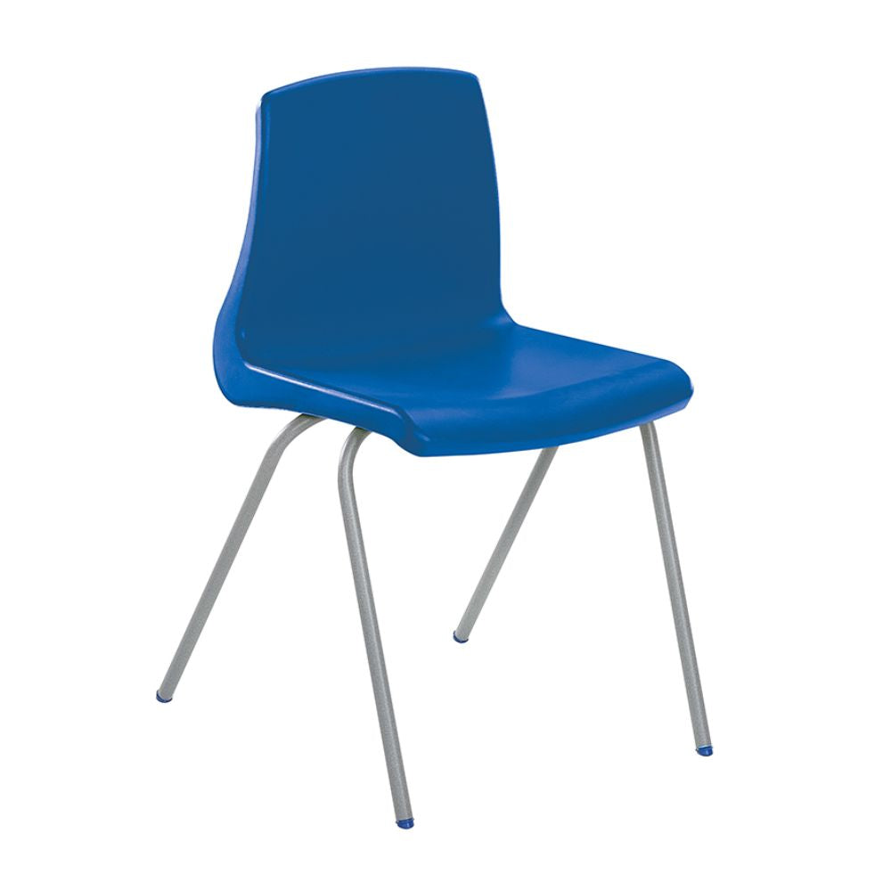 
Blue plastic chair with silver angled legs and rectangular backrest slot, designed for stacking in school settings.
