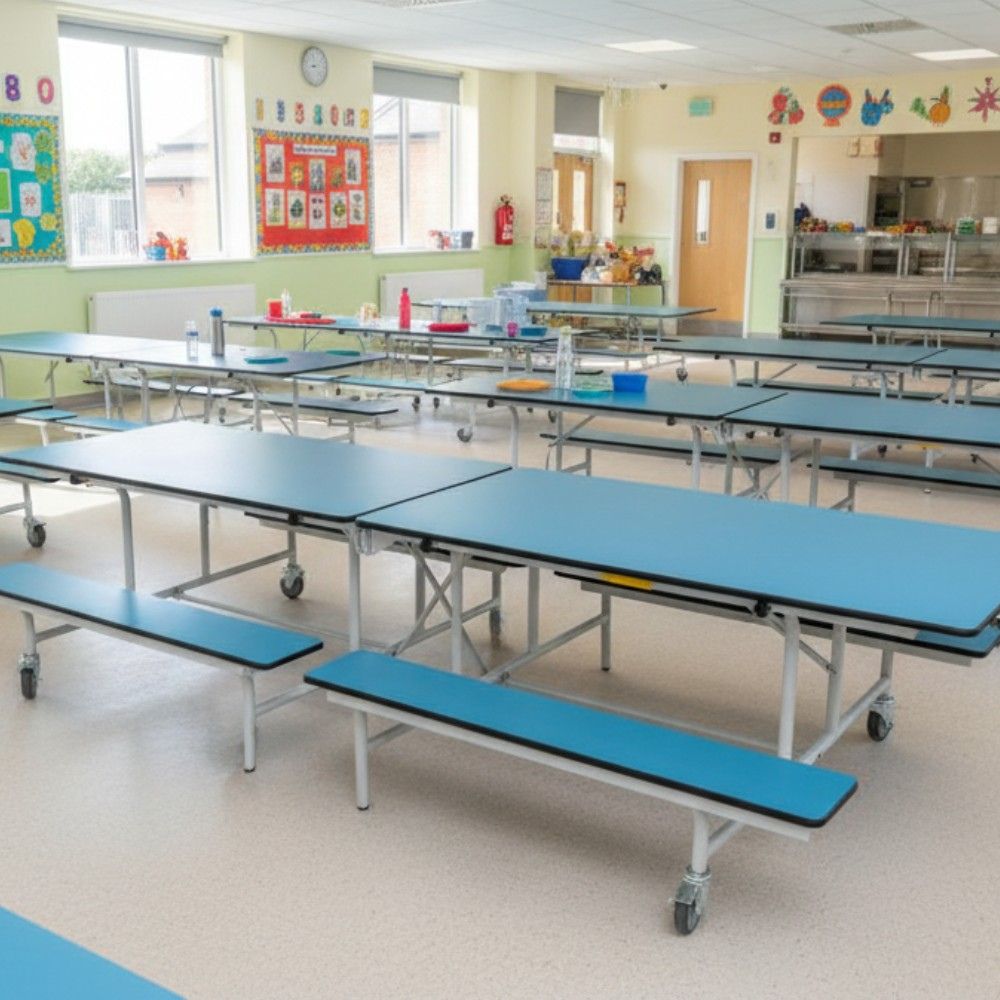 Blue laminated top folding canteen tables with integrated bench seating on wheels, set up in a bright primary school dining hall with children's artwork on the walls.