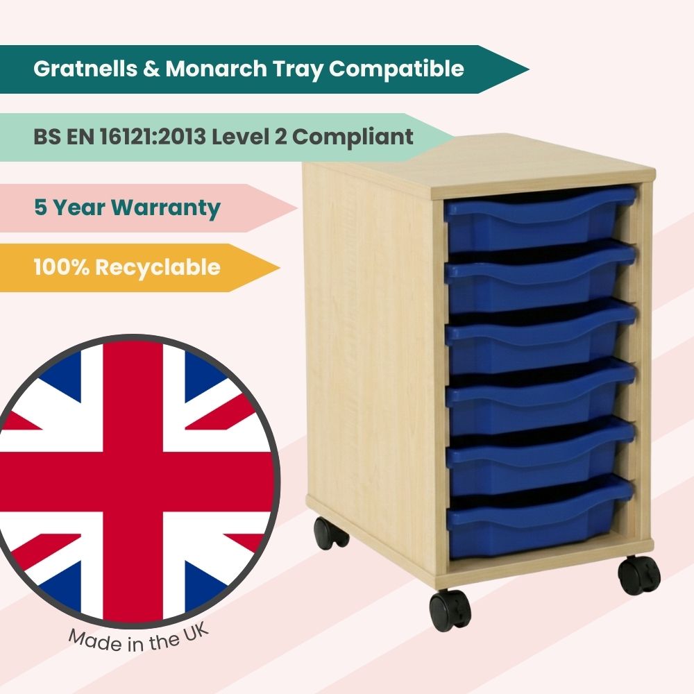 Educational storage unit with six blue trays and light wood casing, displayed with icons for UK manufacture, Gratnells & Monarch tray compatibility, BS EN compliance, recyclability, and five-year warranty.