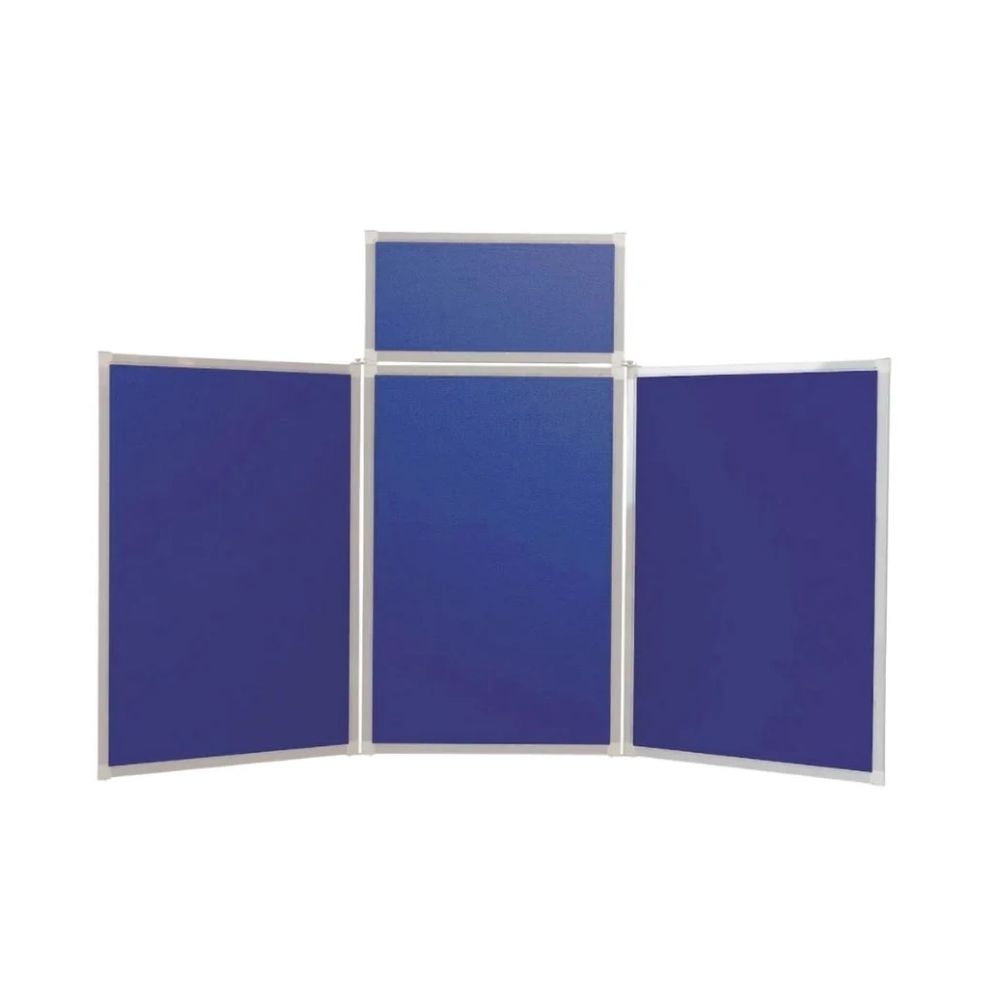 Blue tri-fold display board with elevated header and white frame, ideal for science fairs or school presentations.