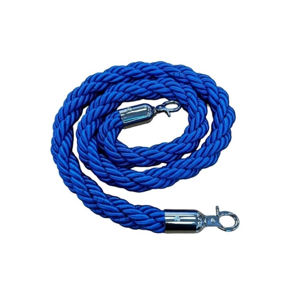 Twisted blue rope with metal hooks, suited for upscale venue zoning or exhibit control.