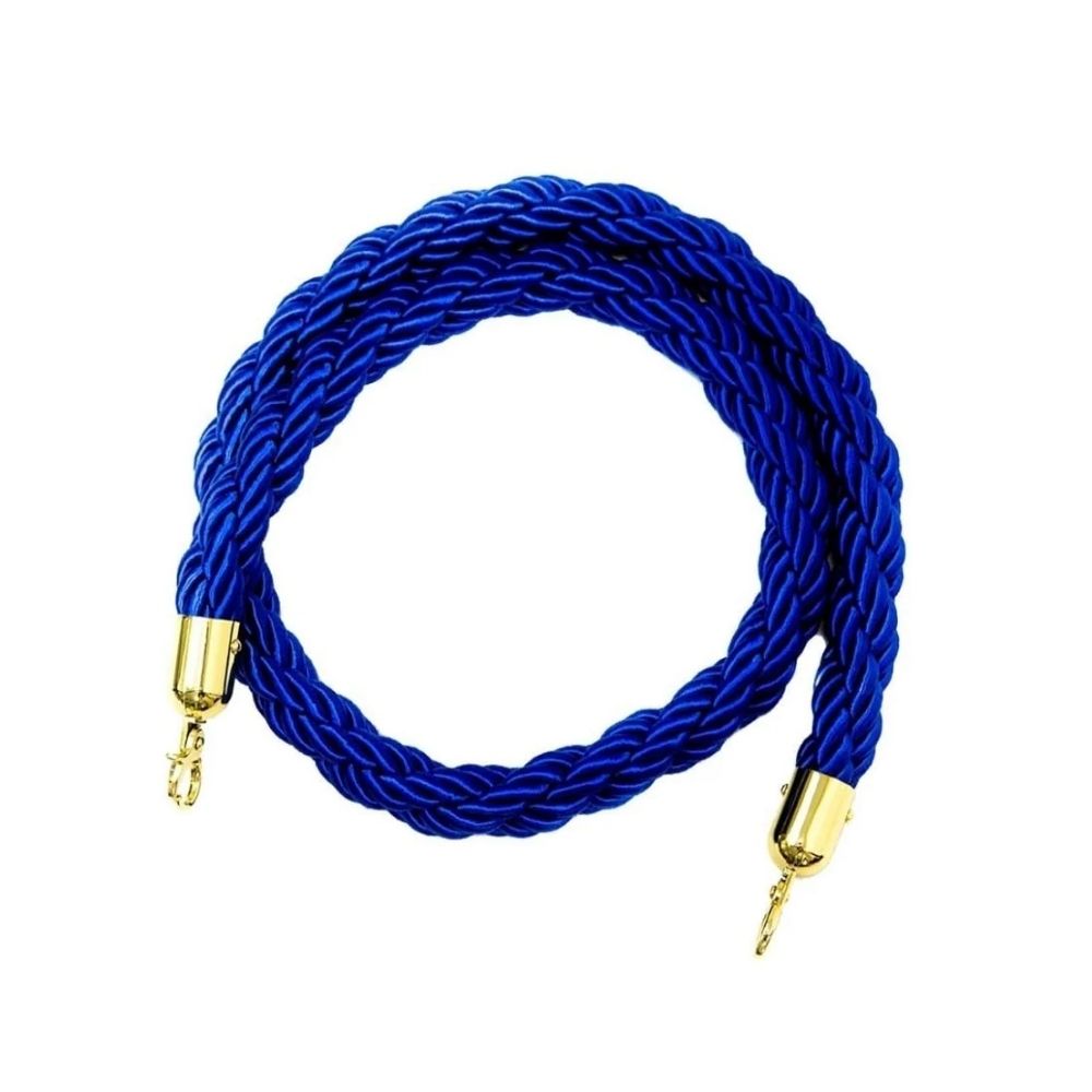 Blue twisted rope with gold clasps, designed for upscale crowd control in formal environments.
