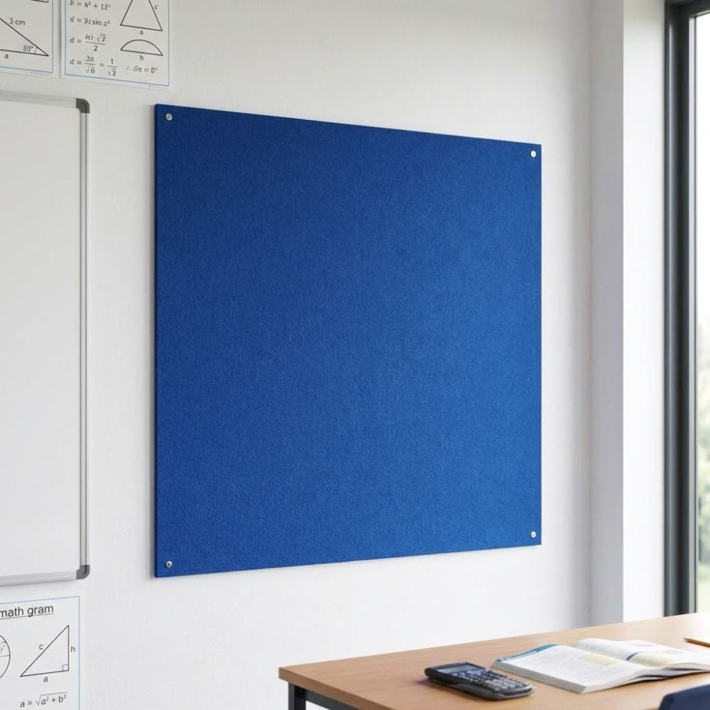 Blue unframed felt noticeboard measuring 1200mm x 900mm, wall mounted with visible corner fixings in a modern office workspace.