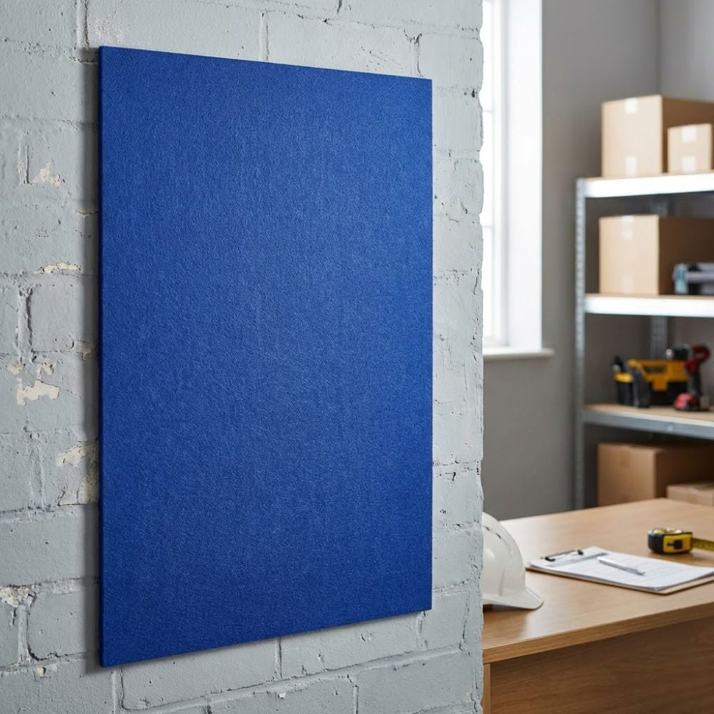 Blue unframed felt noticeboard measuring 900mm x 600mm, wall mounted on a painted brick surface in a workshop style office.