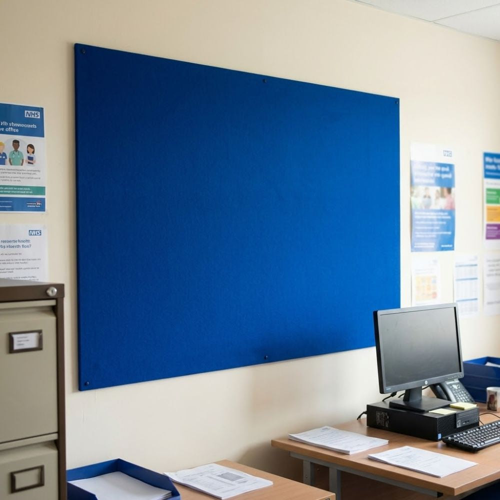 Blue unframed fire resistant felt noticeboard measuring 1800mm x 1200mm, installed in an office workspace above a desk with visible fixing points.