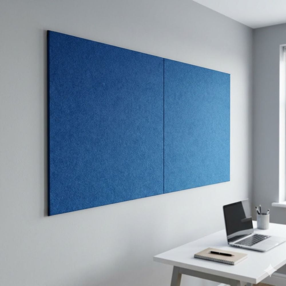 Blue unframed fire resistant felt noticeboard measuring 2400mm x 1200mm, large wall mounted panel installed in a modern office above a desk.