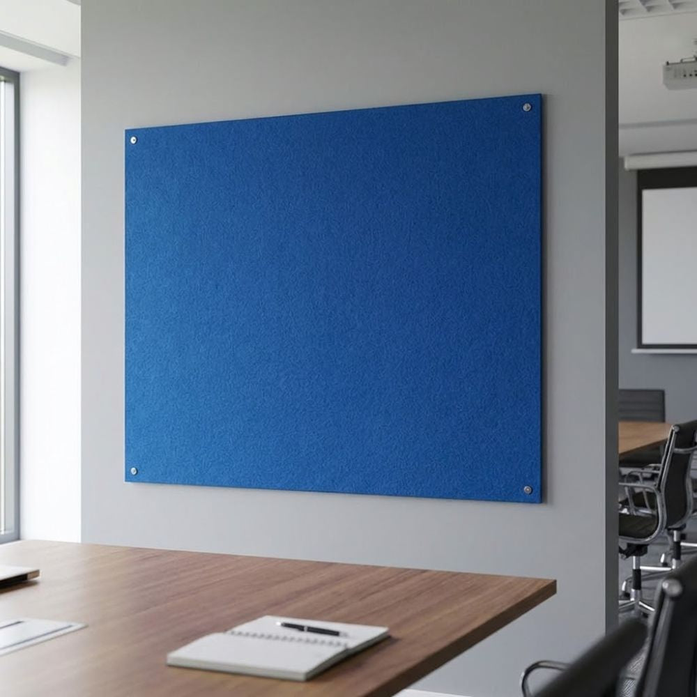 Blue unframed fire resistant felt noticeboard measuring 900mm x 600mm, wall mounted in a modern office environment with secure corner fixings.