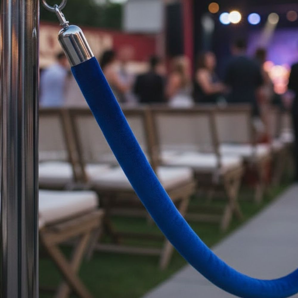 Blue-velvet-rope-connected-to-chrome-barrier-post-with-folding-chairs-and-stage-area-blurred-behind