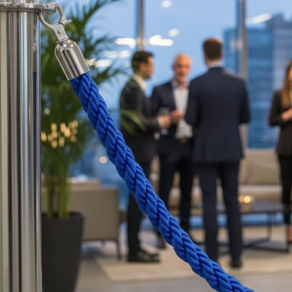 Blue-velvet-rope-connected-to-chrome-barrier-post-with-business-professionals-conversing-in-contemporary-office