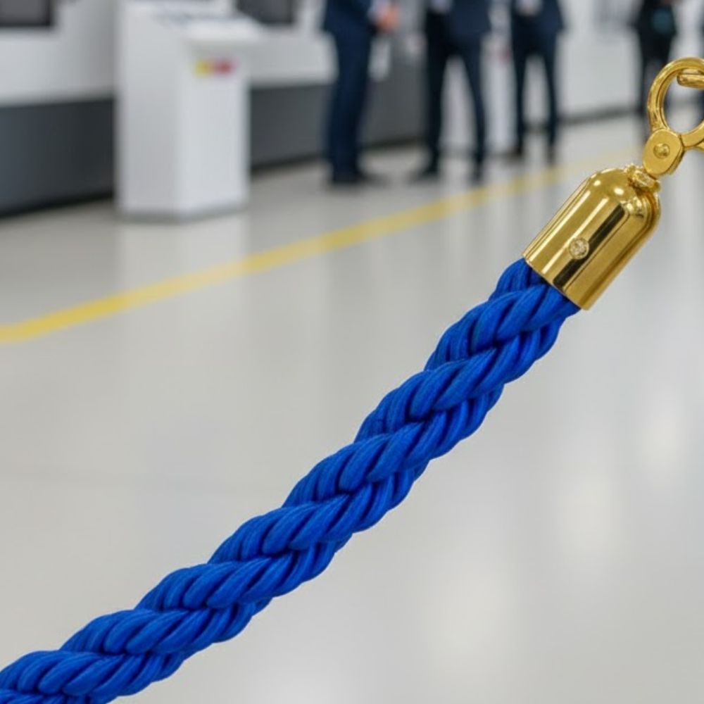 Blue-velvet-rope-with-brass-hook-and-clip-on-gold-barrier-post-in-modern-interior-setting